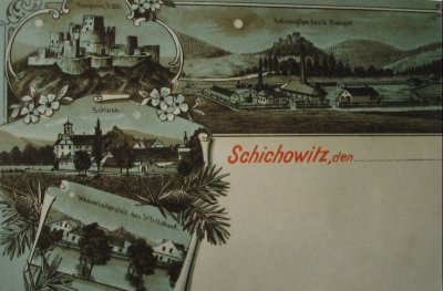 Historická pohlednice Žichovic v němčině.